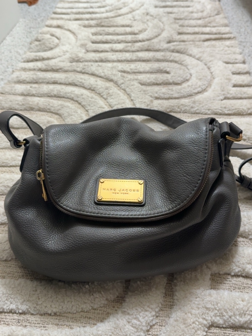 Marc Jacobs Pebbled Leather Dark Gray Crossbody with Gold Plaque